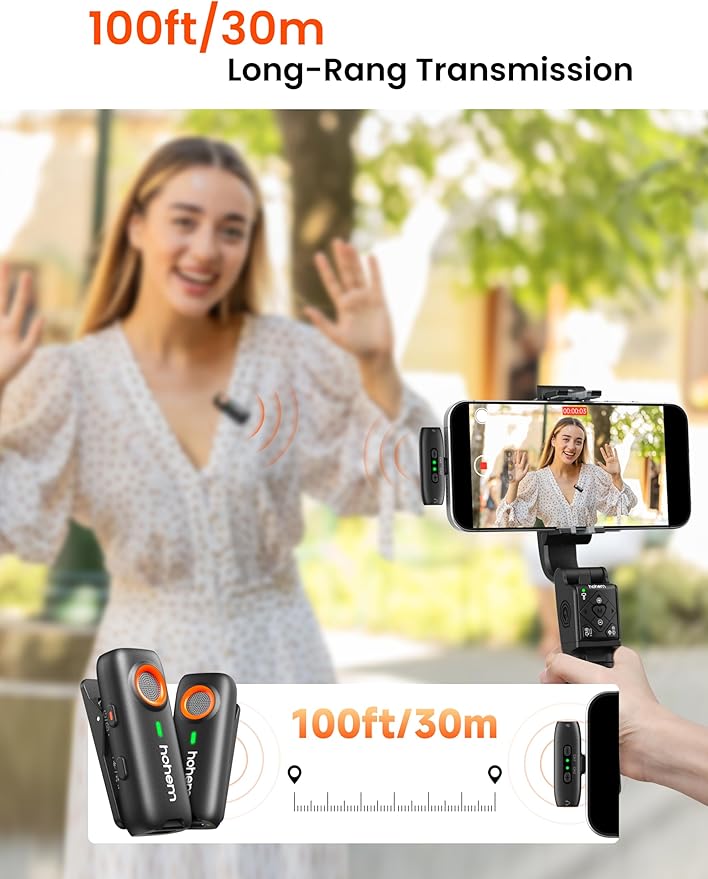 hohem MIC-01 Wireless Lavalier Microphone, Noise Cancellation,48kHz 328ft Range, 20 Hours Battery, Wireless Microphone for Android, PC, Camera, Video Recording (2TX + 1RX + Charging Case)