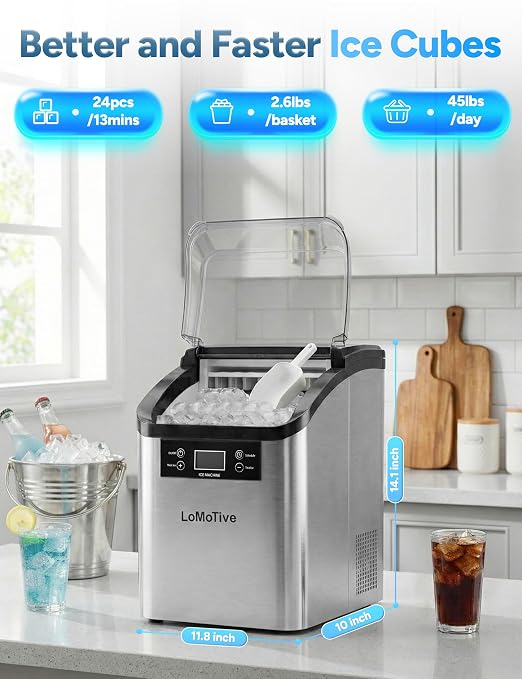 45Lbs/Day Ice Makers Countertop (Clear Ice Cube Maker) | 24Pcs in 13 Mins,6 Ice Thickness,Self-Priming Water Supply,Self-Cleaning,Harder Clearer Slower Melting Ice Cubes