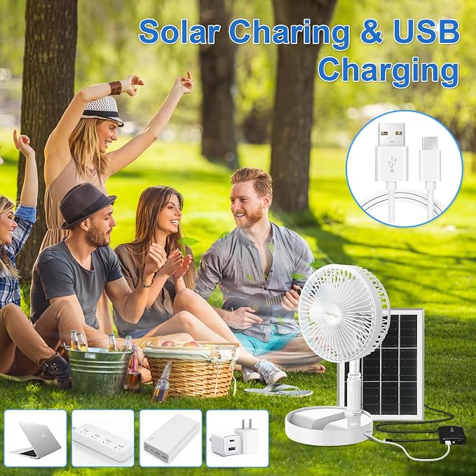 Portable Standing Fan with Solar Panel, Battery & Solar Powered Fan for Travel, 8" Rechargeable USB Foldable Compact Pedestal Fan, 3 Speeds Quiet Telescopic Desk Fan for Home Bedroom Camping