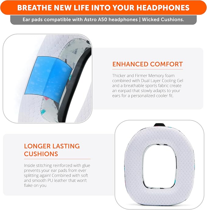 WC Mod Kit A50 - Cooling Gel Earpads + Headband Replacement for Astro A50 Gen 4, Gen 5 & A50X by Wicked Cushions | Enhanced Comfort, Cooling & Durability | 90's White