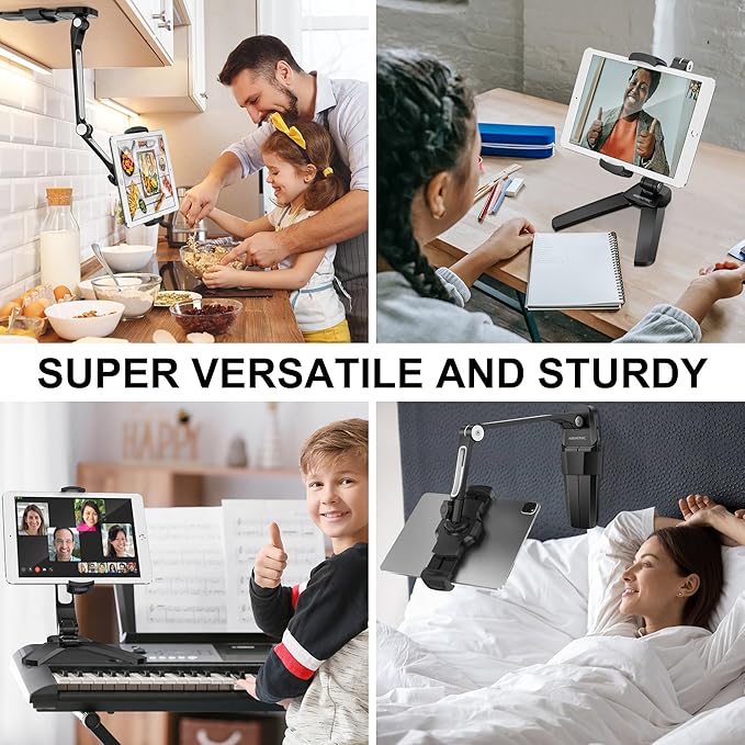 AboveTEK iPad Wall Mount, 3 in 1 Highflex 360° Under Cabinet iPads Mount for Kitchen, Tablet Celling Under Counter Holder, Kitchen Tablet Mount Fits 4.7" to 13.5" iPad, mini, Air, Surface Pro - Black