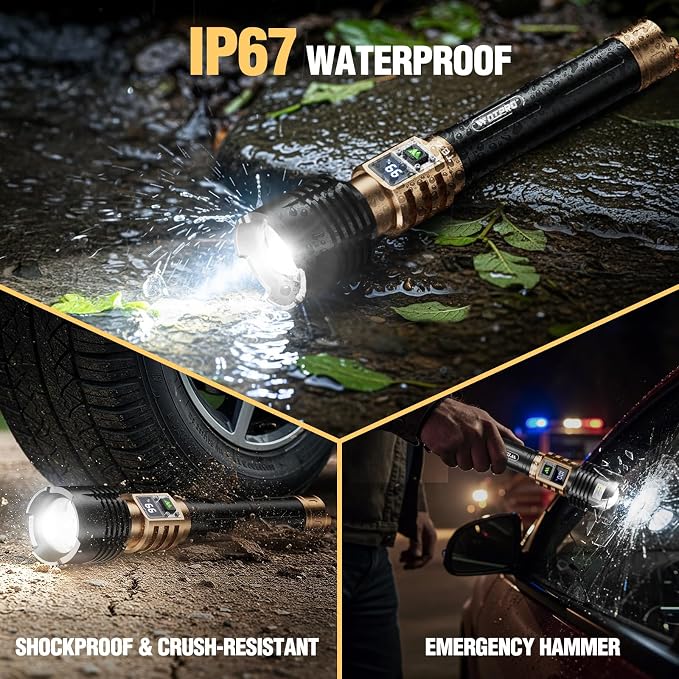 WdtPro Rechargeable LED Flashlights High Lumens, Super Bright 90000LM Rechargeable Flashlight with LCD Display, 5 Modes & Waterproof Powerful 10000mAh Handheld Flashlight for Camping Emergency Gold