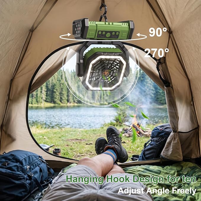Portable Rechargeable Fan 20000mAh, Battery Powered Camping Fan with LED Light& Remote,Cordless,4 Speeds Wind,Timer for Tent,Travel,Rv Camping Essentials (Green)