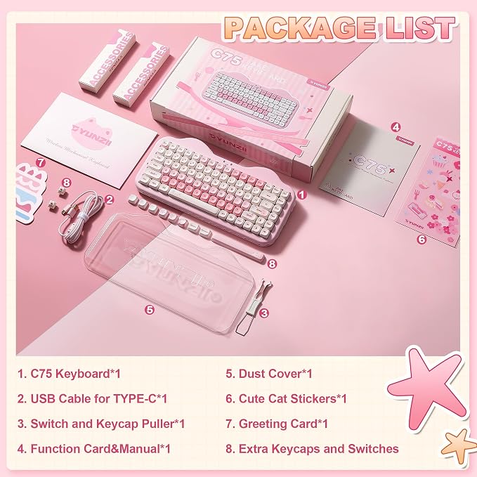 YUNZII C75 Wireless Mechanical Keyboard,75% Layout, Hot-Swappable NKRO,BT5.0/2.4G/USB-C Mode,Dye-Sub PBT MOA Keycaps,RGB Gasket Mount,Cute Cake Design for Mac/Win/Gaming (Pink, Milk V2 Switch)