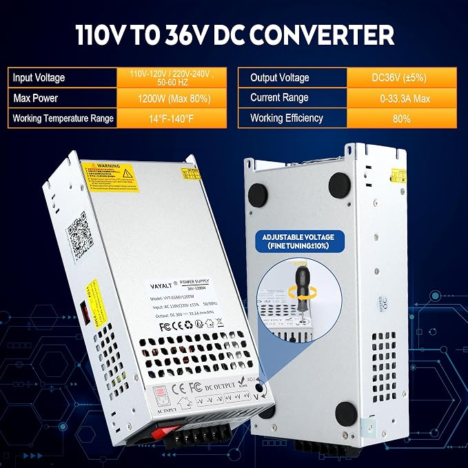 VAYALT DC 36V 33.3A 1200W Switching Power Supply, 110V/220 V AC to DC Converter, Universal Regulated Switching, 36V Power Supply for CCTV Camera System,3D Printer,Led Strip,Computer Project
