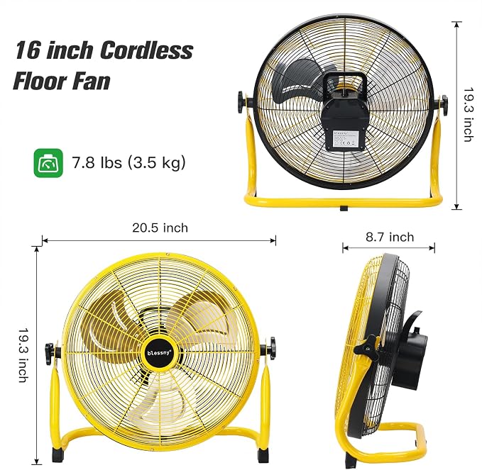 blessny 16'' Portable Rechargeable Floor Fan for Home Patio Camping Gym RV Greenhouse, Max 60 Hours Long Running Time