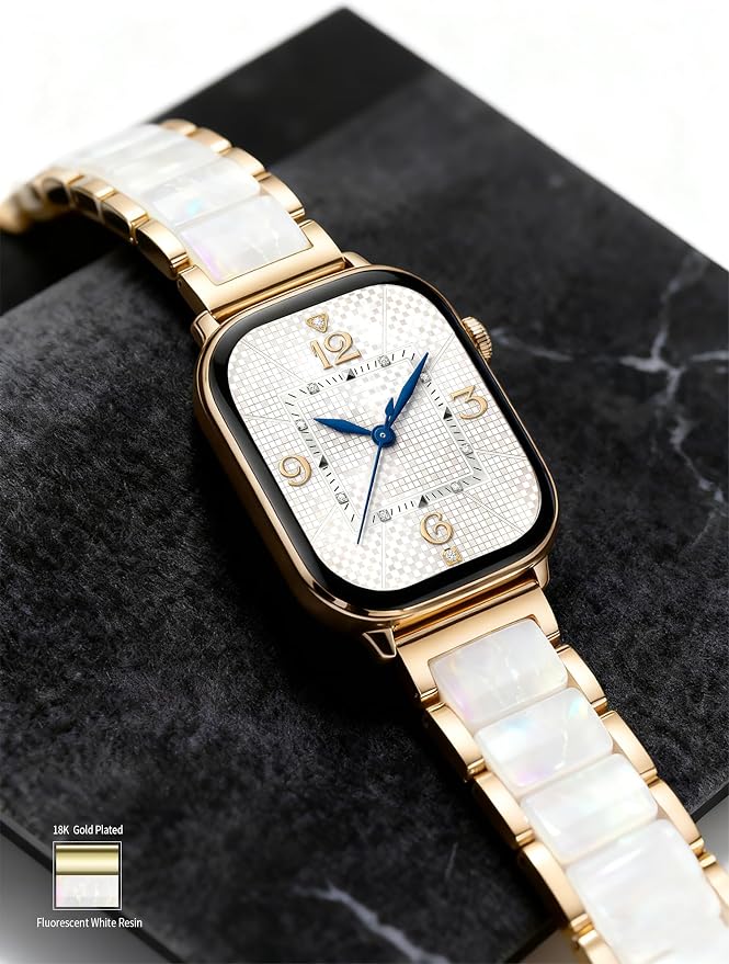 V.R.HOPE Apple Watch Band for Women 42mm 44mm 45mm 46mm 49mm Fashion Gold Stainless Steel Metal Strap with Resin Inlay, Fashion Bracelet Compatible with iWatch Series Ultra3/11/10/9/8/7/6/SE (Fluorescent White+ Gold)