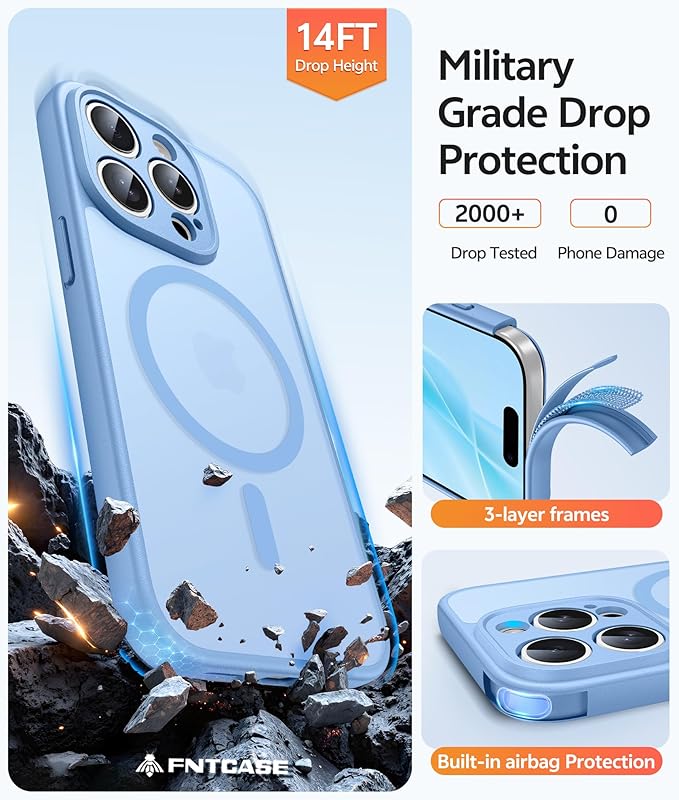 FNTCASE for iPhone 15 Pro Case: [Compatible with Magsafe] Translucent Matte Cases with [Full Camera Protection] [Screen Protector] Military Grade Shockproof Protective Phone Cover - Light Blue