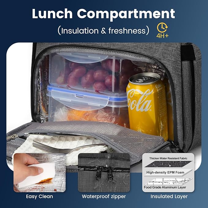 RUCYEN Lunch Backpack, 17.3 Inch Large Lunch Backpack Insulated Cooler Bag Travel Laptop Backpack with USB Port for Men Women, RFID Blocking for Work Picnics Black