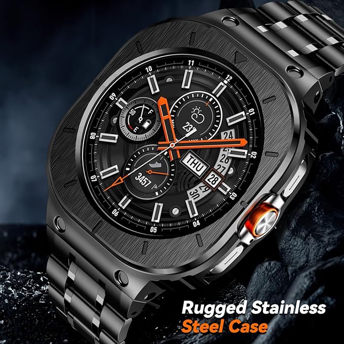 BAITEYOU Stainless Steel Bands with Case Compatible with Samsung Galaxy Watch Ultra 2/1 47mm (2025 2024), Rugged Protector Cover Metal Band for Galaxy Watch 7 8 Ultra for Men (Black)