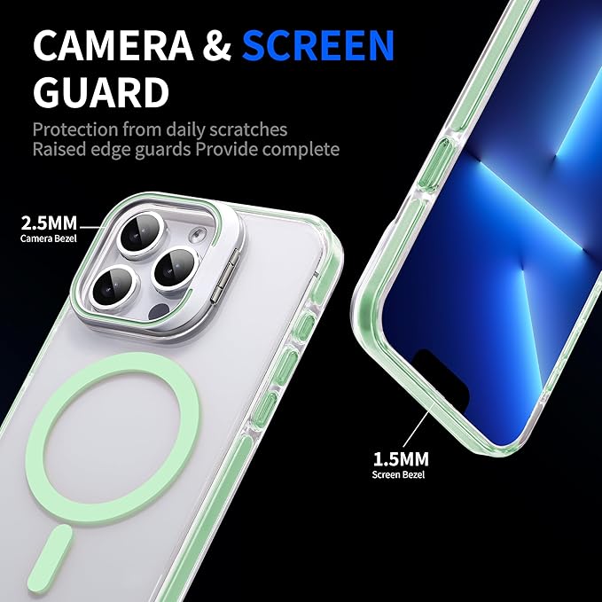 Strong Magnetic case for iPhone 14 pro max [10Ft Military-Grade Protection] Compatible with MagSafe Shockproof Slim Thin Cover 6.7 inch, Clear Light Green Stand