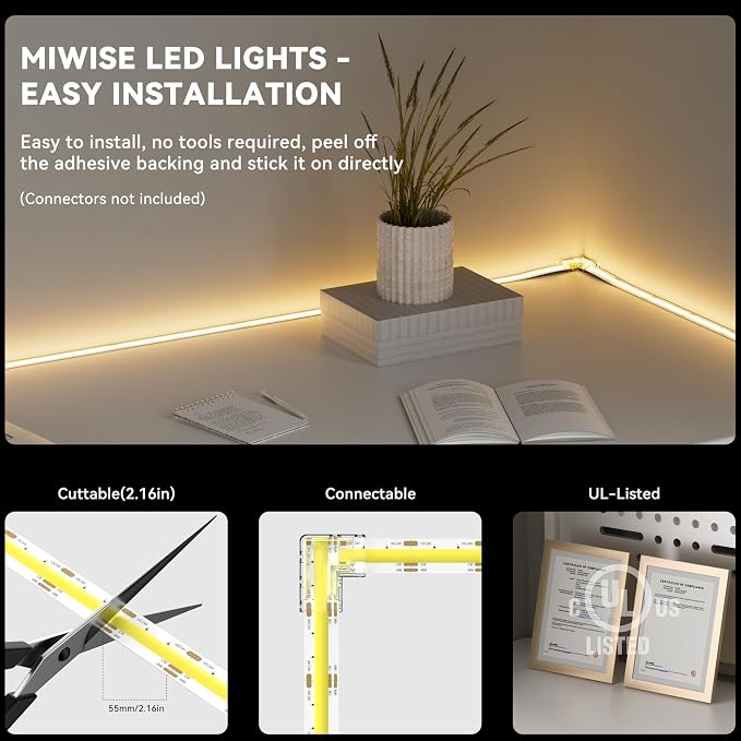MIWISE COB LED Strip Light, 2700K-6500K All Color in One Tunable White LED Tape Lights Dimmable UL-Listed, APP Control Music Mode, for Under Cabinet, Bedroom, Kitchen, Shelves, Ceiling DIY, 32.8ft