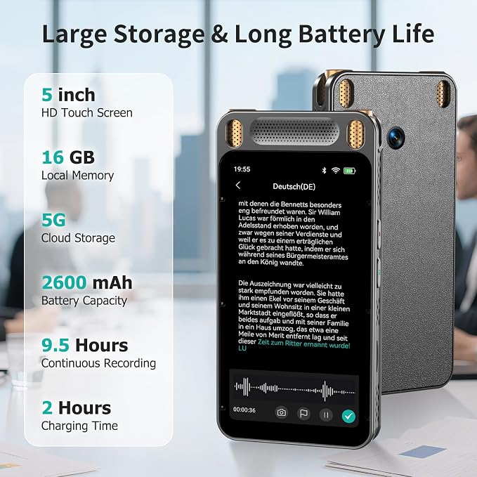 AI Voice Recorder with Playback, 5'' Large Touch Screen Digital Recorder, 13 Languages Transcription, 8 Mics Noise Reduction, 2600mAh Battery, AI Summary & Translation for Meetings, Lectures