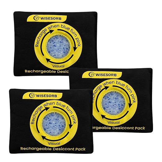 Wisesorb 100g Reusable Silica Gel Desiccant Packs, Rechargeable Dehumidifier Moisture Absorbers with Color Indicator for Bins, Gun Safes, Suitcases, 3D Printing Filaments, Electronics, Cars [3 Pack]