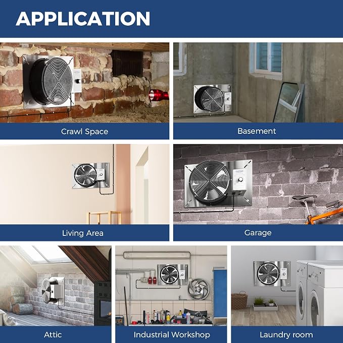 ALORAIR 720 CFM Stainless Steel Crawl Space Ventilation Fan with Humidistat Dehumidistat, IP55 Rated Crawlspace Vent Fan for Foundation Basements Garage Attic