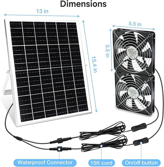 Fanspex 5.5" Solar Dual Fan Kit, IP67 Waterproofed Solar Powered Fan for Intake or Exhaust Air, Ventilation & Cooling