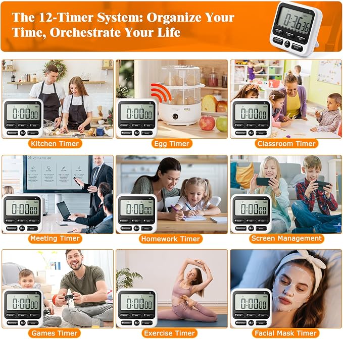 12 Pcs Silent Flashing & Loud Alarm Digital Timer, Magnetic Count Up/Down Timer with Large LCD Display for Cooking Baking Teaching