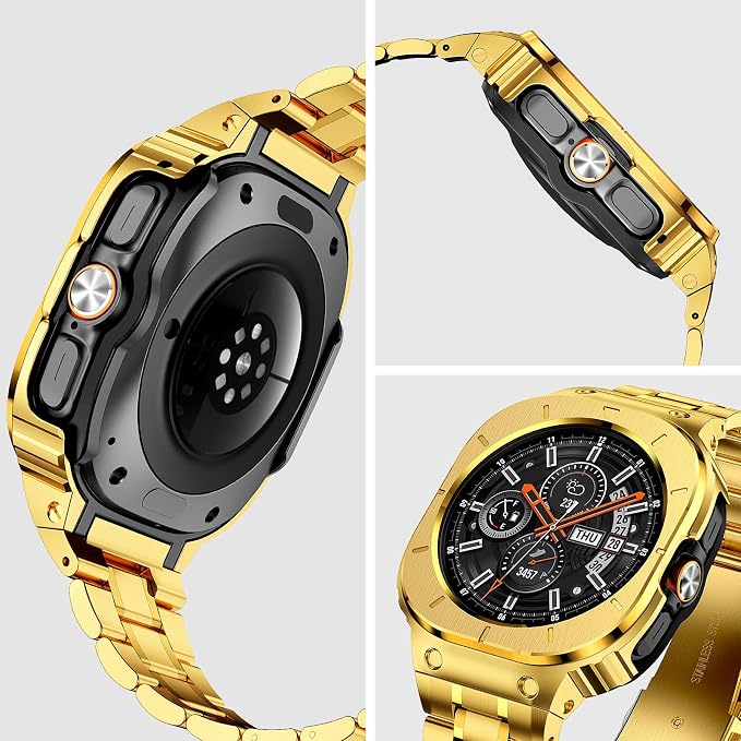 BAITEYOU Stainless Steel Bands with Case Compatible with Samsung Galaxy Watch Ultra 2/1 47mm (2025 2024), Rugged Protector Cover Metal Band for Galaxy Watch 7 8 Ultra for Men (Gold)