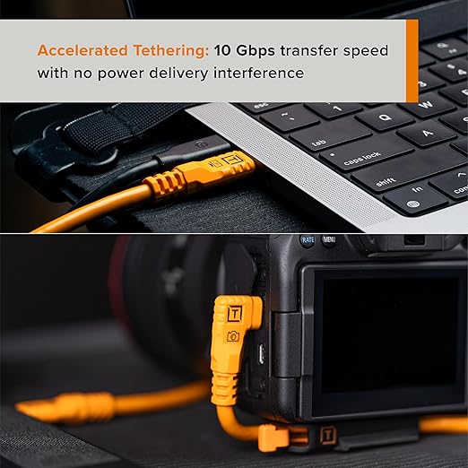Tether Tools TetherPro Optima 10G USB-C Exclusive Data Transfer, 6’ (1.8m) Straight to Right Angle Cable - Orange