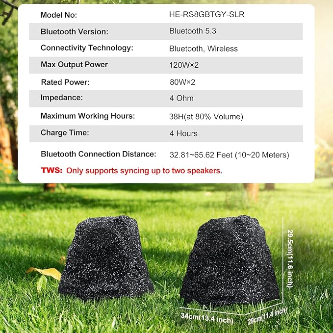 Herdio 8" Rock Bluetooth Speakers Outdoor Waterproof IPX7 Wireless Solar Max 240 Watt, TWS Connection Powered with Rechargeable Battery for Garden Patio Deck Pool Backyard（Black，1Pair）