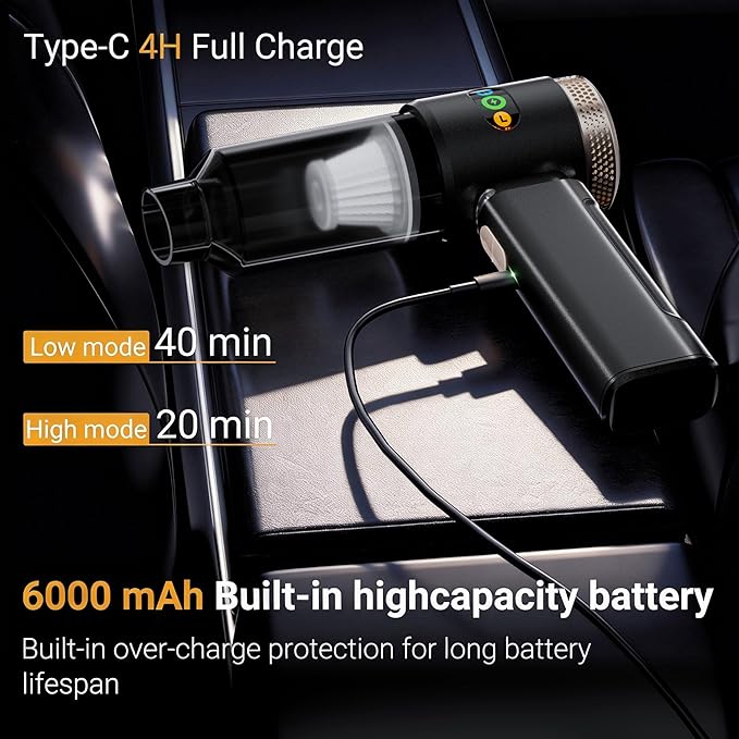 GcdPai Car Vacuum Portable Cordless 18000PA High Power Handheld Vacuum Cleaner, Mini Cordless Rechargeable Vacuum with LED Light and Multi-Nozzles for Car, Home Office, Keyboard, Pet (Black Gold)