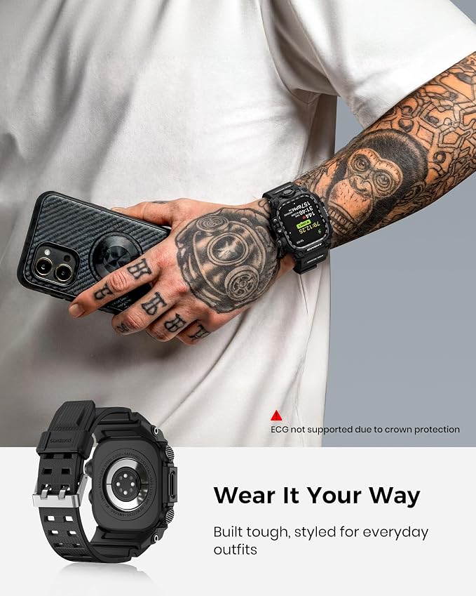 amBand Rugged Case with Band for Apple Watch 45mm, Compatible with Apple Watch (iWatch) Series 9/8/7, Military Grade Shockproof Bumper Cover, Tactical Band for Men, Matte Black