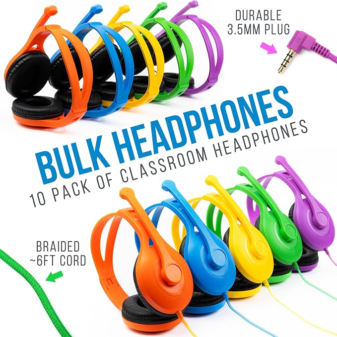 Barks Classroom Headphones with Microphone Bulk 10 Pack (Colors, 3.5mm) | Durable Everyday Student Use, Colorful Class Sets, Headsets with Mics, Adjustable Fit, Clear Voice, Easy Clean, K-12 Testing