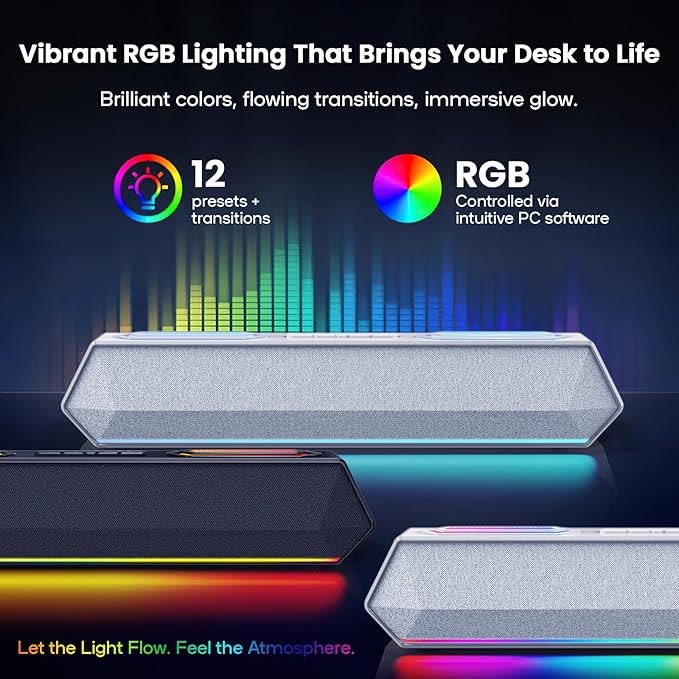 Deeyaple Computer Speakers, 40W PC Speakers for Desktop Monitor with Bluetooth 5.3 & USB Audio, HiFi Stereo Gaming Soundbar with Custom EQ Software, Dynamic RGB Lighting for Laptop, PS4, PS5, White.