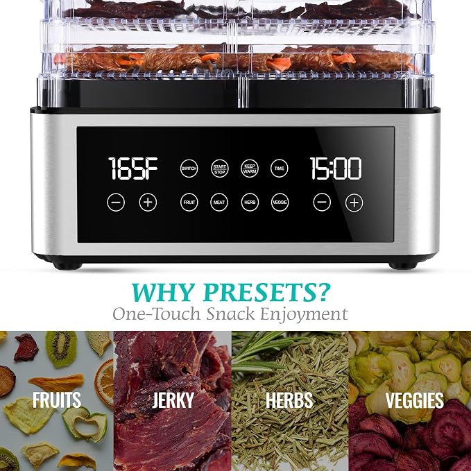 Food Dehydrator, One-Touch Dehydrator with Automatic Temperature Control 5 BPA-Free 11.4" Trays for Jerky, Dog Treats, Herbs, Meat, Fruit, and Yogurt