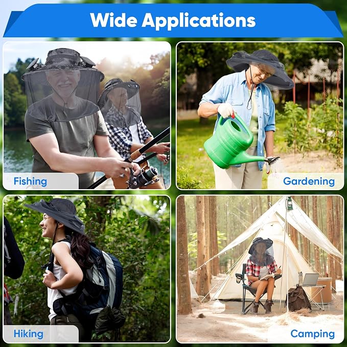 Wide Brim Sun Hat with Solar Fan, Solar Powered Fan Hat with Mosquito Head Net, Men & Women Cooling Cap for Outdoor