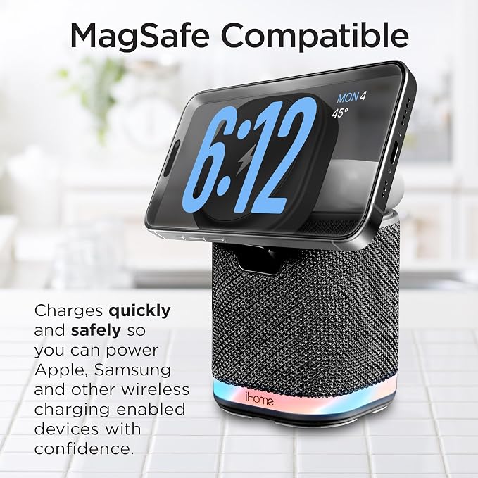 iHome Bluetooth Speaker with Wireless Charger, Charging Station with Color Changing Night Light - Dark Gray (iPBT50DG)