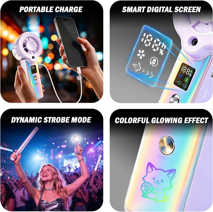 Portable Misting Fan, Handheld Rechargeable Fan with Water Mist, Personal Mini Turbo Fan with 1-100 High Speeds (20000 RPM), LED Light for Music Festival, Summer Trip Must-Haves, Holographic Purple