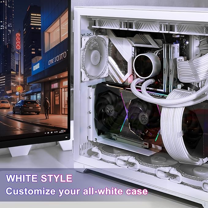 Sirlyr 24 Pin RGB PSU Cables,ARGB PC Cable for Motherboard Power Supply Extension - 5V 3Pin Addressable Four Sides Lighting RGB Strips Decor Computer Case White