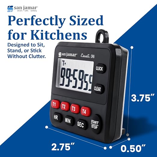 San Jamar Escali Four Channel Digital Kitchen Timer – TMDGTE - Digital Timer for Restaurants, Catering, Multi-Tasking, Kickstand Display, Stopwatch & Clock, 19hr 59min Max, Battery Operated