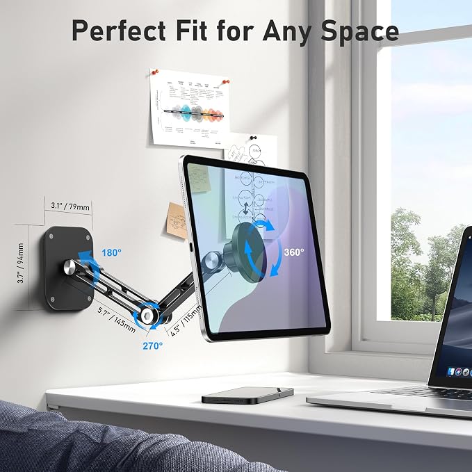 Magnetic iPad Wall Mount, NINEFATICS Aluminum Dual-Arm Tablet Wall Mount Holder, 360° Multi-Angle Adjustable, Foldable Wall iPad Mount for 4.7-15.6" iPad Pro/Air/Mini, Phones & Tablets, Strong Magnets