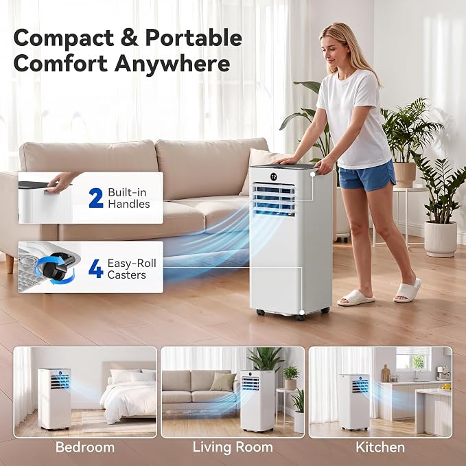 Quiet Portable Air Conditioner 8,000 BTU, Cools Rooms up to 350 Sq. Ft, Dehumidifier & Fan Mode, Sleep Mode, 24-Hour Timer, 26 ft Remote Control, Window Kit 1-piece(White)