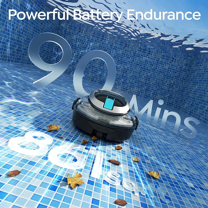 S2 Automatic Pool Vacuum for Above Ground Pools, Cordless Robotic Pool Cleaner with Dual-Motor Cleaning System, 90-Min Runtime, Efficient Debris Pickup and Quick Drain Design (Transparent Black)