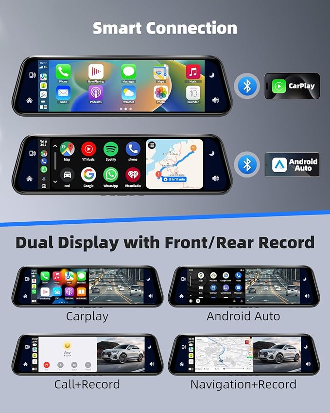 2.5K Mirror Dash Cam with Carplay&Android Auto,10" Rear View Mirror Camera for Cars/Trucks with Voice Control/ 64GB Card/Touch Screen/Parking Monitor/Reverse Assist/Dual Loop Record/WDR Tech