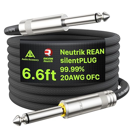 AA AUDIO ACCESSORY Silent Guitar Cable 6.6ft, Neutrik REAN silentPLUG, Kevlar-Reinforced Nylon Braided Anti-Kinking, Auto Mute 20 AWG 99.99% OFC 1/4 Instrument Cable, Shielded Amp Cord for Bass Guitar