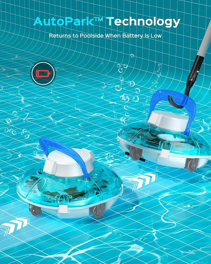 (2026 Upgrade) Cordless Pool Vacuum for Above Ground Pool, Automatic Pool Cleaner Robot Cleaning Up to 660 sq.ft, Dual-Layer Filtration, 90 Mins Runtime, Self-Parking, with Hook (Pale Blue White)