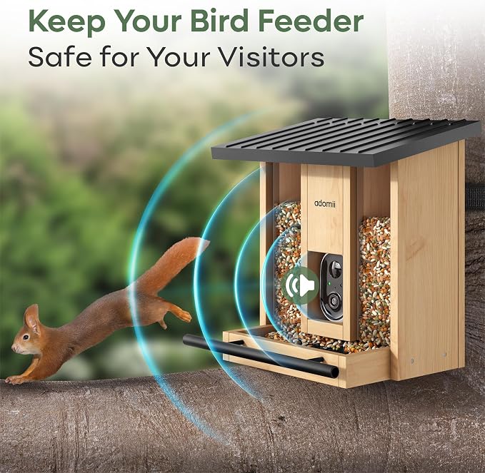 Adomii Bird Feeder with Camera, 2.4L Solar Powered Birdfeeder with AI Bird Identification & Alerts, Squirrel-Proof & Weatherproof, Adomii Window Bird Feeder with Double Bin, 1080p HD Live Camera
