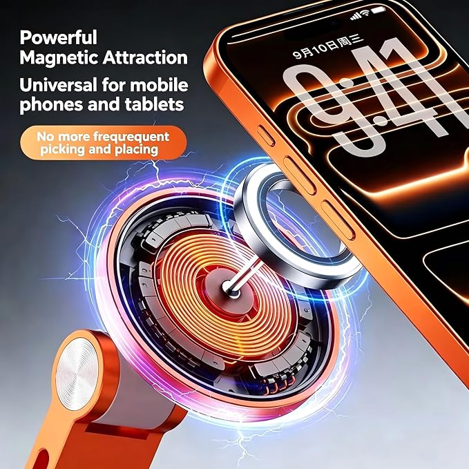 Magnetic Cell Phone Stand for Desk,360°Rotation Aluminum Tablet Holder,Hight Adjustable Foldable Phone Holder for 4-12.9" Devices Compatible with MagSafe/iPhone/Android/iPad (Orange)