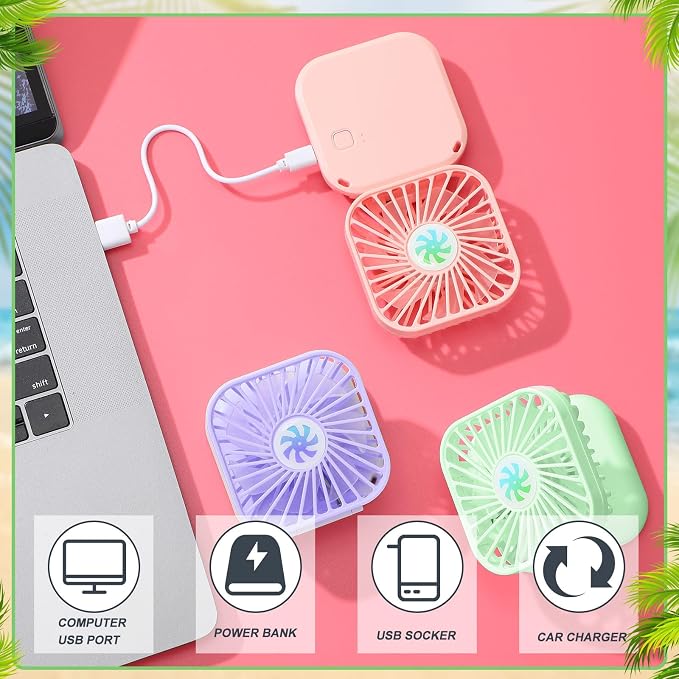 Hortsun 12 Pcs Mini Handheld Fan Bulk Portable Personal Neck Fan Small Foldable Hands Free with USB Rechargeable Gifts for Travel Summer Concerts Vacation Outdoor 3 Speed (Bright Colors)