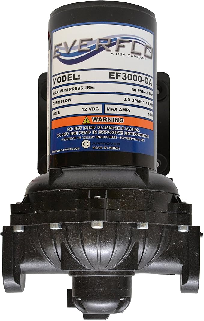 Everflo 12V On-Demand Diaphragm Sprayer Pump - 3.0GPM, 60 PSI, Quick Attach Ports