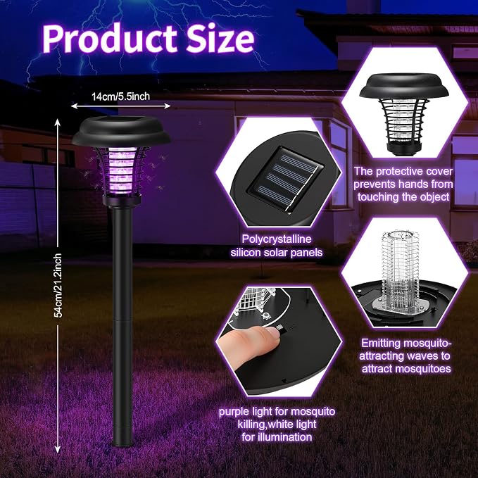 4 Pcs Solar Bug Zapper Outdoor Waterproof Mosquito Repellent Light Solar Power Fly Killer Lamps for Moths, Gnats, Fly, Small Flying Insect Backyard Garden Lawn (Plastic,Purple & Soft Light)