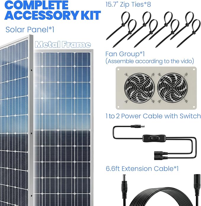 Dual Solar Powered Fan for Chicken Coop, Greenhouse & Shed，4.7" | Waterproof Window Fans, Solar Fan for Chicken Coops, Pet House, Ventilation Cooling Kit, On/Off Switch, 6.6ft Extension Cable