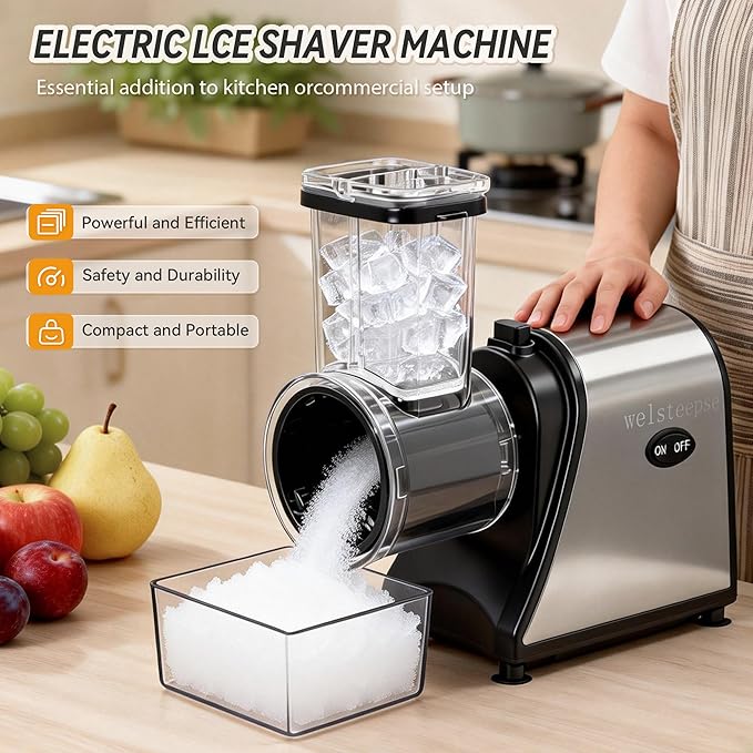 Snow Cone Machine & Shaved Ice Machine, Crushed Ice Maker in Stainless Steel Metal Design with Ice Pick & Tray – Powerful Motor, Sharp Blades, Fast Ice Shaving for Home, Parties