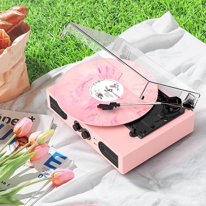 Vinyl Record Player with Built-in Speakers 3-Speed Vintage Record Player Support Treble& Bass Control, 3.5mm Headphone Jack, RCA-Out/Aux in, Belt-Driven LP Turntable,Pink