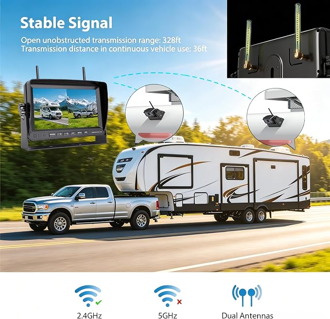 ZEROXCLUB Magnetic Wireless RV Backup Camera System: 7" HD 1080P DVR Monitor with 2-Rear Camera, DVR Monitor & IR Night Vision, Portable Rechargeable Camera for RV/Trailer/Fifth Wheels/Camper BC702