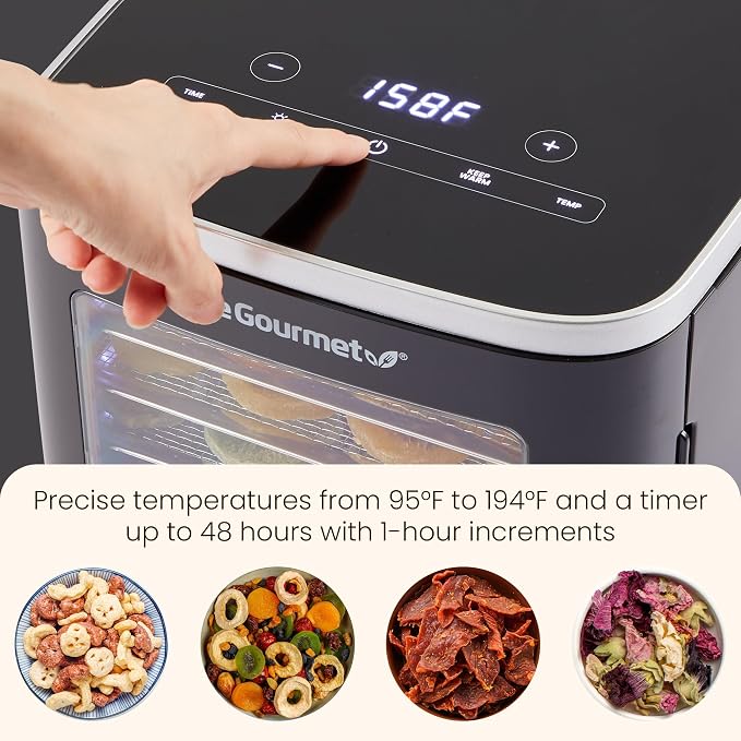 Elite Gourmet EFD809D Food Dehydrator with 5 Stainless Steel Trays, Adjustable Temp & Time + Keep Warm, Includes Interior Light, Fruit Roll Tray and Recipe Booklet, Black